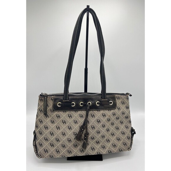 As Is Dooney & Bourke Shoulder Bag Y2K Logo Signature Canvas Black Gray Tassel - Picture 1 of 16
